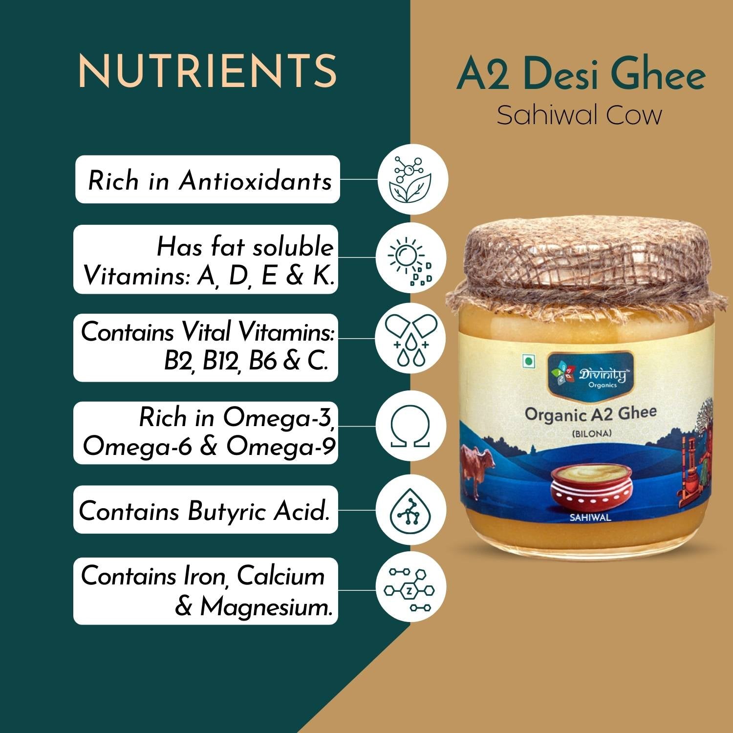 Divinity Organics A2 Cow Ghee Sahiwal Nutritional facts