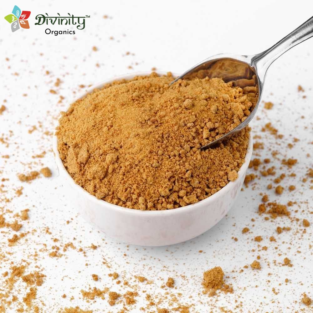 Divinity Organics - Organic jaggery powder is a great replacement for refined sugar. It is a natural sweetner, unrefined and produced from sugarcane. Since it is organic, it is made without adding any chemicals or synthetic products. India is high in jaggery production, and in ancient folklore, jaggery is known to have many medical benefits. It stimulates bowel movements and even detoxifies the liver and treat flu. I