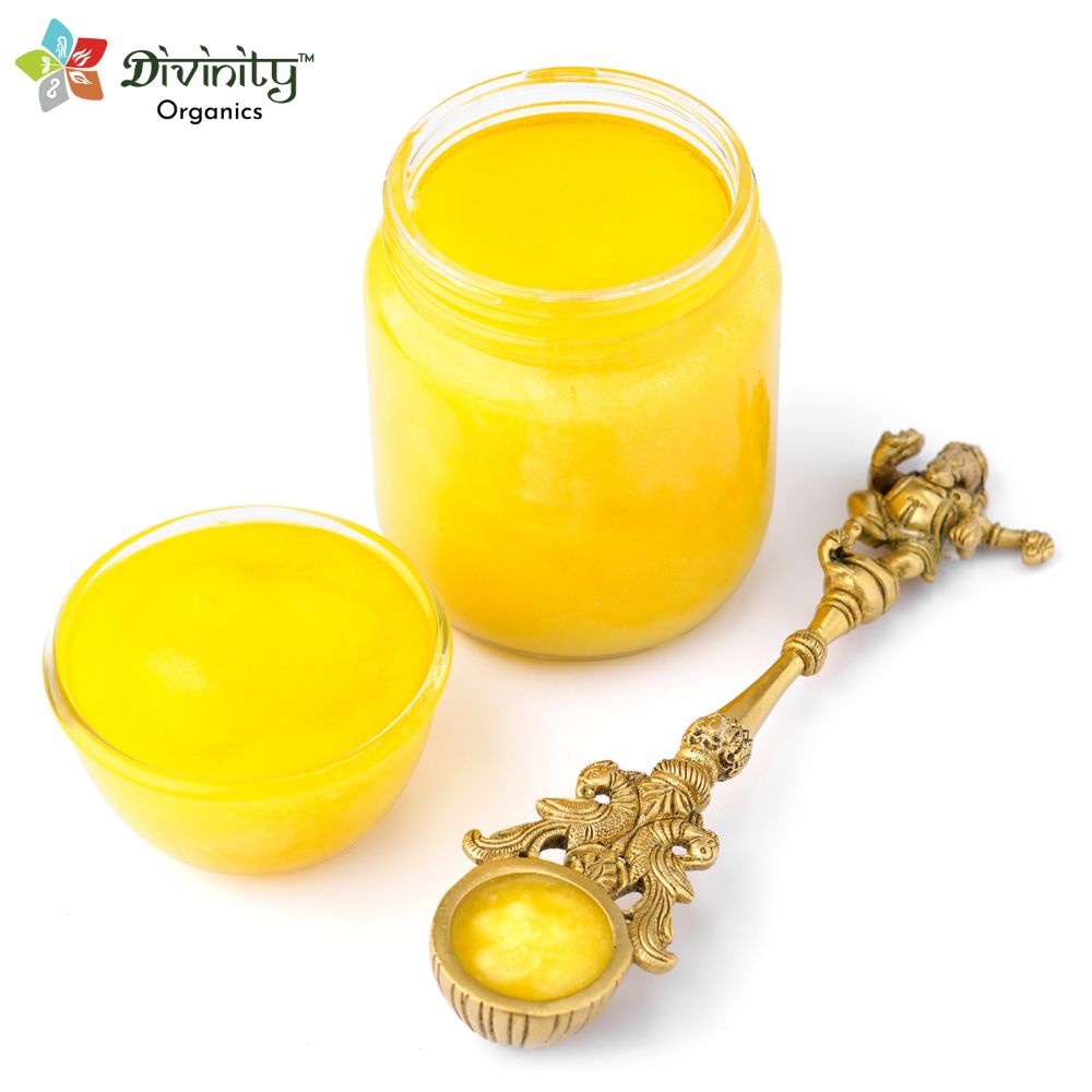 Divinity Organics A2 Cow Ghee Sahiwal -Made using the Bilona churning process, pure-bred Sahiwal cows are cultured to bring you this exquisite form of ghee. Sahiwal cows are found in the Punjab region of India. Once the milk is curdled, it is churned by hand to separate the solids and make ghee. It has a high nutritional value and is rich in proteins, vitamins, minerals, Omega-3 etc.