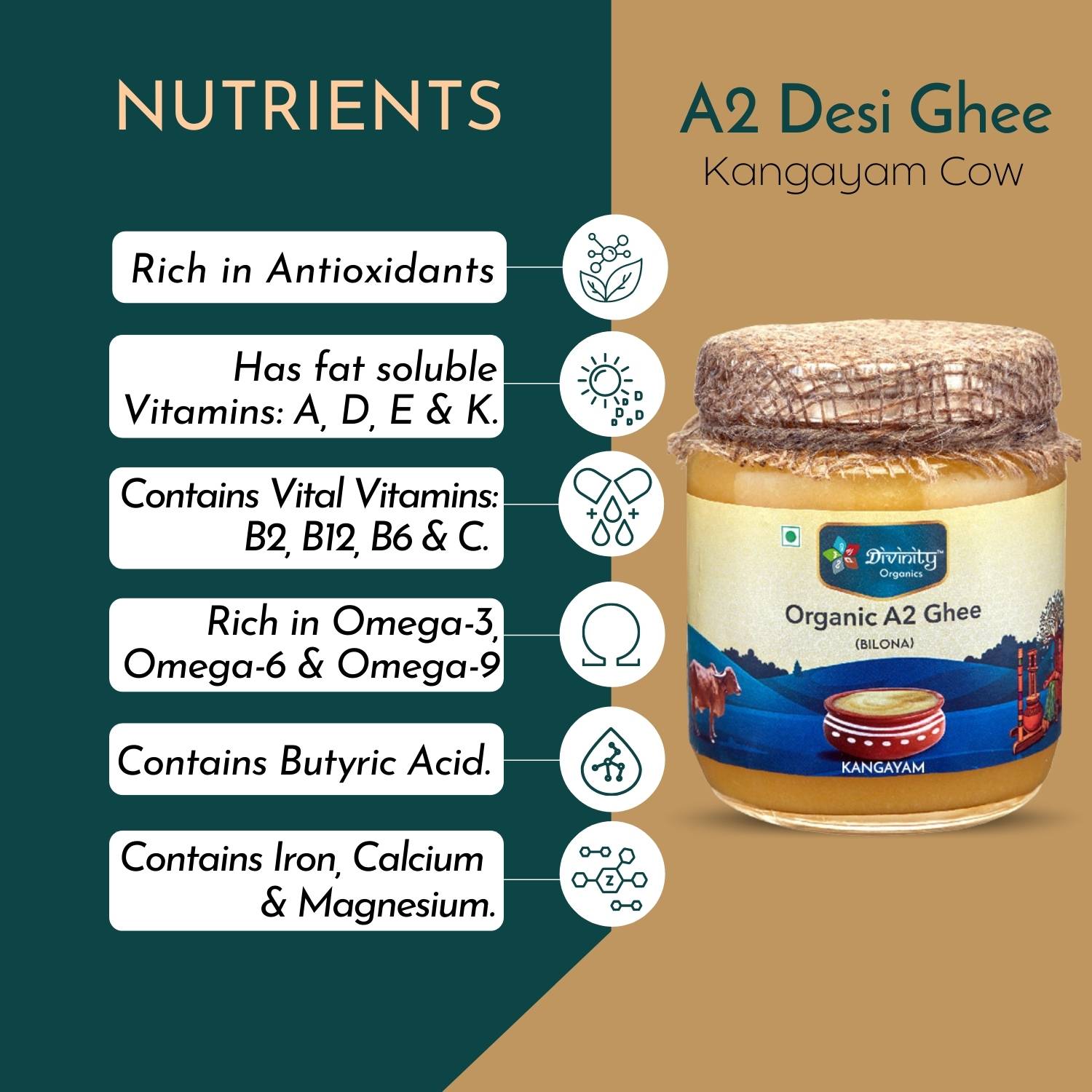 Divinity Organics A2 Cow Ghee Kangayam Nutritional facts