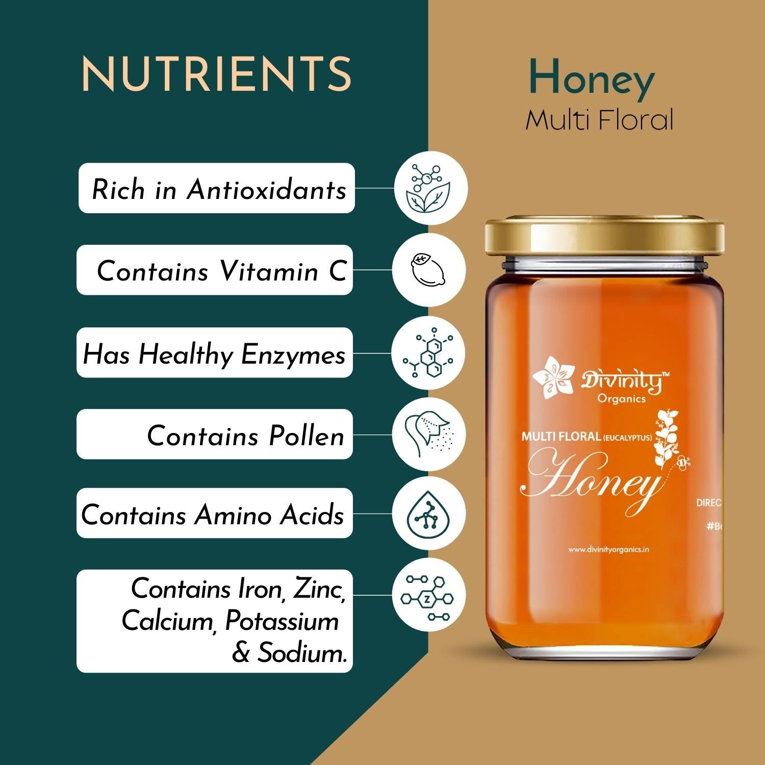 Divinity Organics Multi-floral honey (Eucalyptus) Nutrients