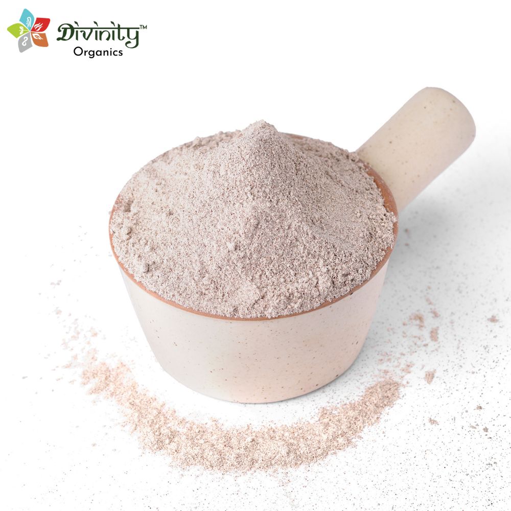 Divinity Organics - Finger Millet (Ragi) Flour -Commonly known as ragi, Finger millet flour is extensively grown in different parts of the world. Most popularly consumed in Karnataka and the Andhra Pradesh region, it is also popular in Maharashtra, Uttarakhand, Odisha and Tamil Nadu. An excellent source of calcium, ragi flour can strengthen your bones and is also known to have anti-ageing properties. Apparently, it also aids weight loss and keeps your cholesterol in check.
