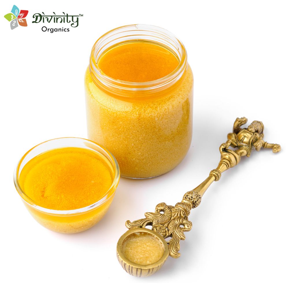 Divinity Organics A2 Cow Ghee Kangayam -A2 cow ghee Kangayam comes from the South Indian bred, Kangayam cows. This super healthy ghee is hand-churned and is made using clarified butter. It is exceptionally light and has multiple health benefits like reducing inflammation, keeping your intestines healthy, and letting you be active all day. Adding small quantities of this ghee to your everyday diet can also aid in healthy weight loss. 