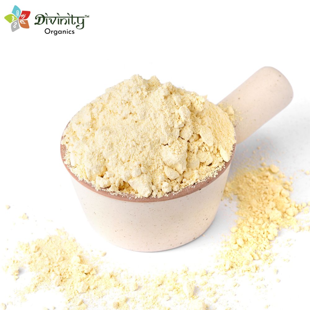 Divinity Organics -  Organic Gram Flour -Commonly known as besan, organic gram flour is yellow in colour and is a ground form of chickpeas. It is rich in carbohydrates and proteins; it is an important ingredient in a lot of Indian dishes. It is high in nutrition and gluten-free, offering many health benefits such as weight loss, regulating diabetes etc. Owing to its organic nature, it is also pesticide and chemical-free, making it a healthy treat for all age groups.
