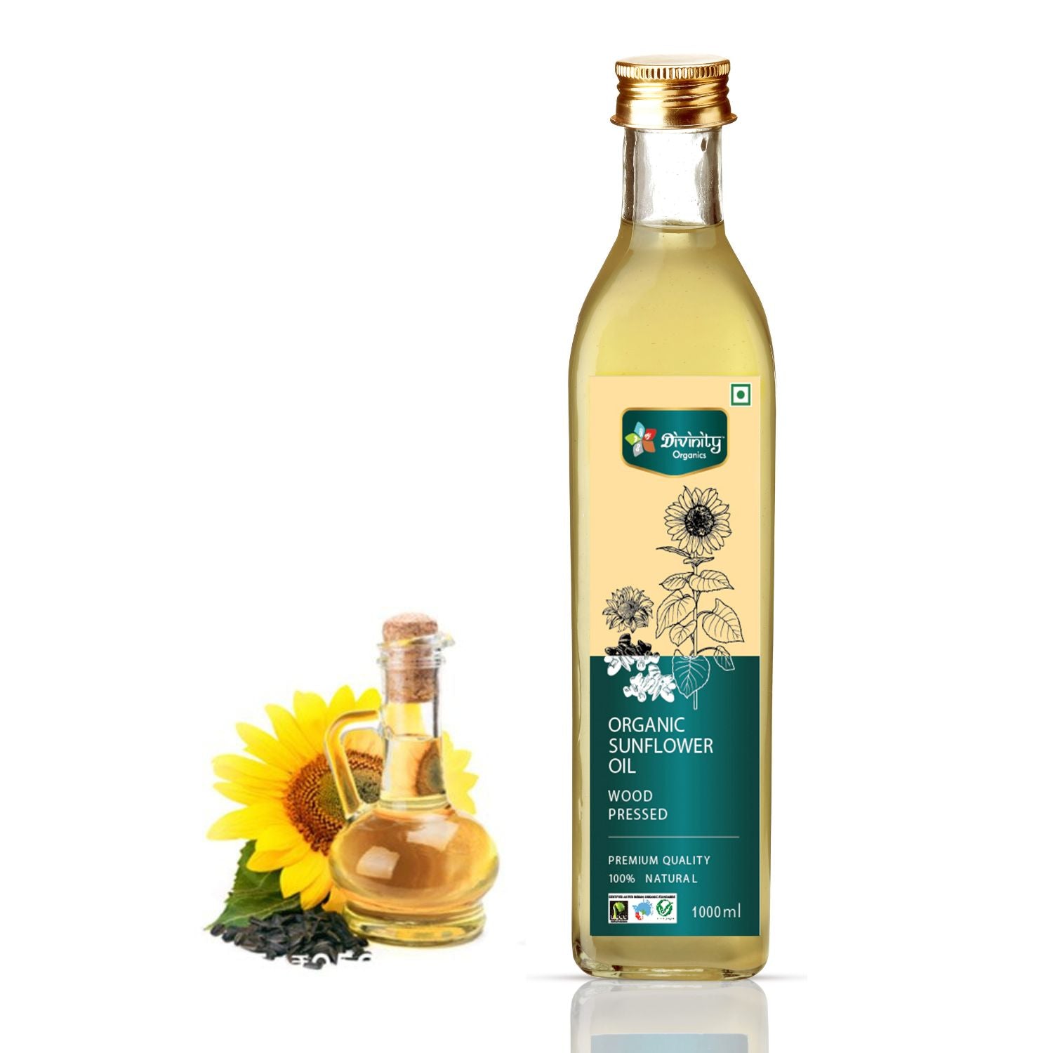 Divinity Organics - Organic Sunflower Oil Wood Pressed: Wood Pressed Sunflower oil is extracted by using hand picked oil seeds. The dried sunflower seeds are crushed in a Wood press (Marachekku) and oil is kept in sunlight for 2 days for the sediments to settle. This method helps to retain its natural aroma as well as nutritious components of the oil.