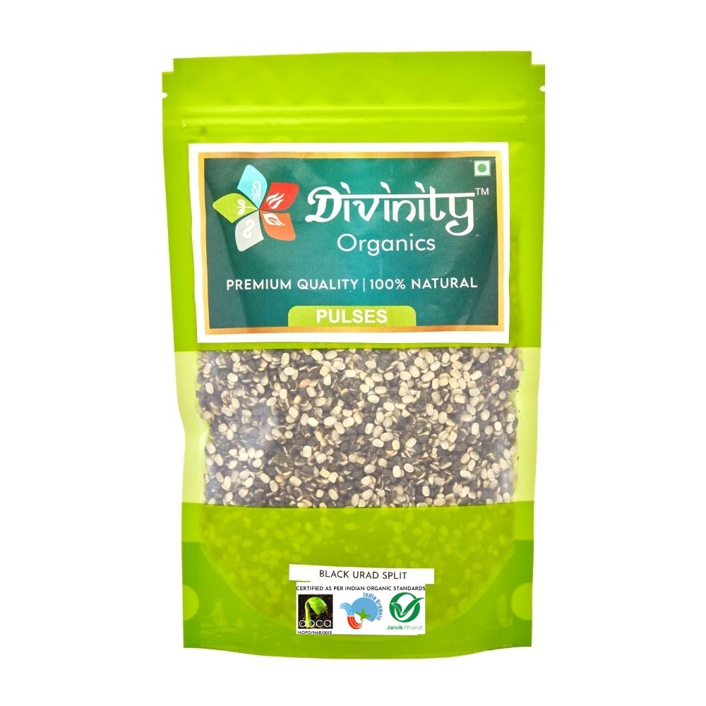 Divinity Organics - Organic Urad Dal Split 500g -Urad Dal is used for various purposes besides retaining the skins and also has a strong flavor. It provides nutrients, such as protein, fat, and carbohydrates, and is a rich source of proteins like iron, folic acid, calcium, magnesium, potassium, and B vitamins. This helps boost the energy levels in the body and keeps you active. It is a protein-rich dal for vegetarians and for strong bones and a healthy body, have urad dal.